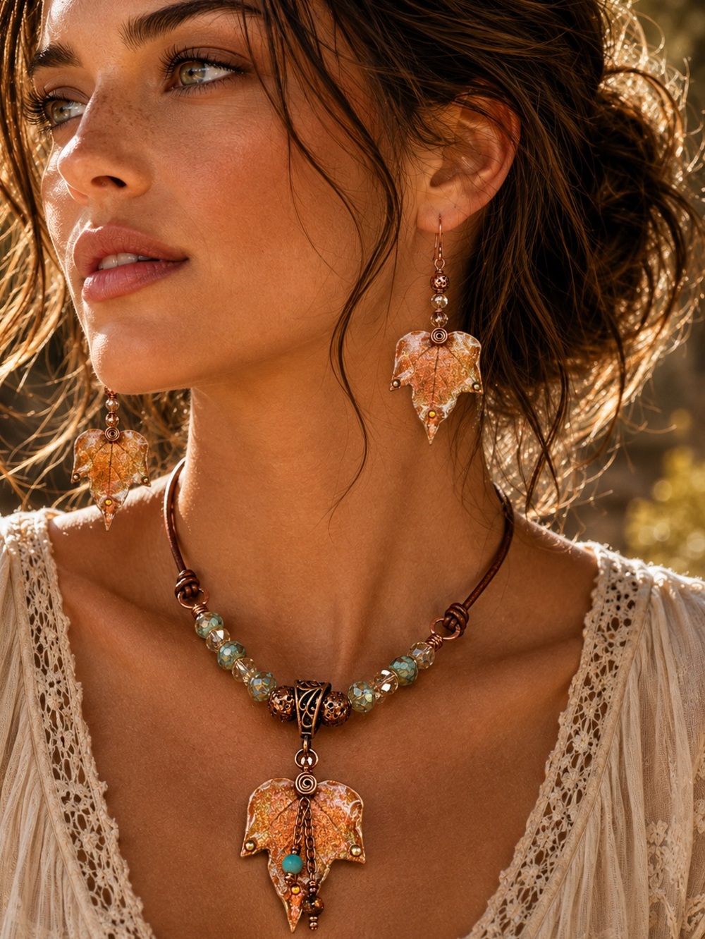 Autumn Leaf Jewelry Set Fairycore Earrings And Pendant | Artisan Jewelry
